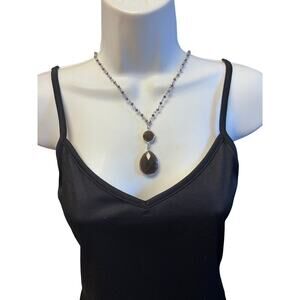 Caia New York Black Faceted Pendant Necklace Silver Tone Long Layering